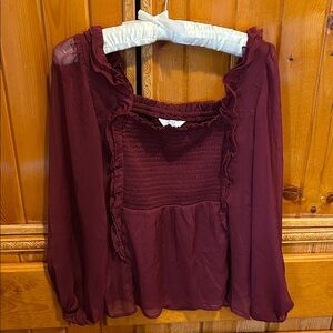 Women's Burgundy Ruffle Peasant Blouse